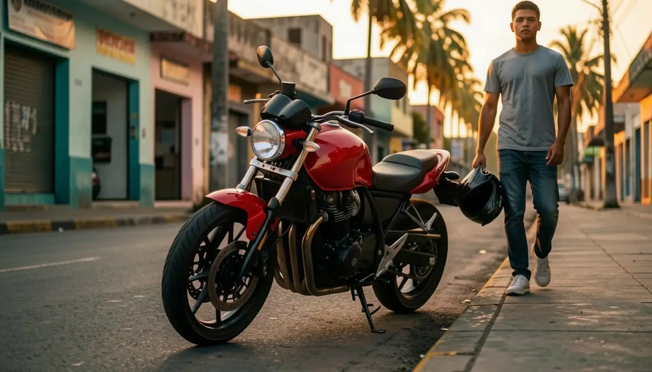 Moto nueva al atardecer en una calle